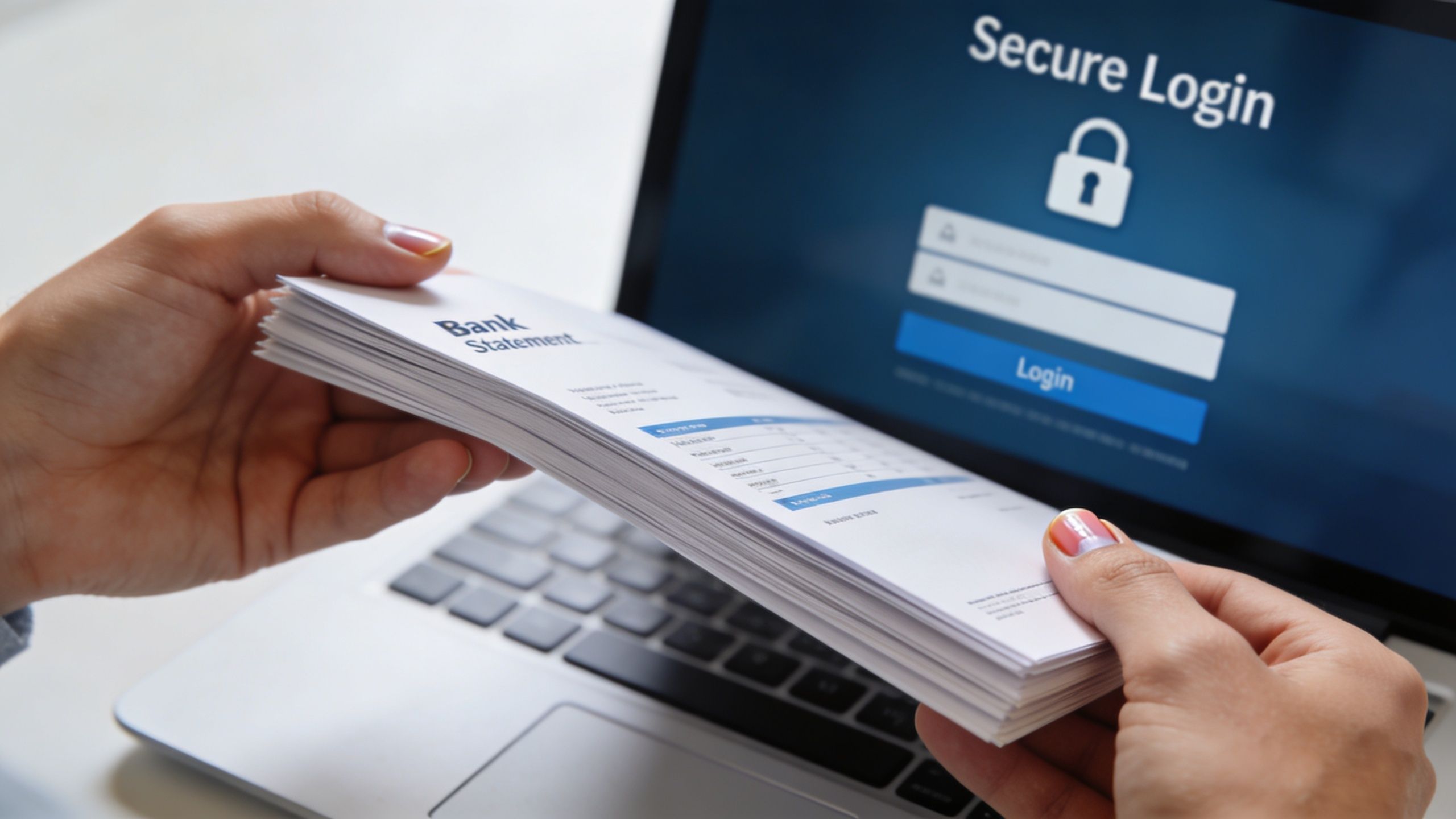 A person holding a stack of bank statements while viewing a secure login page on a laptop.