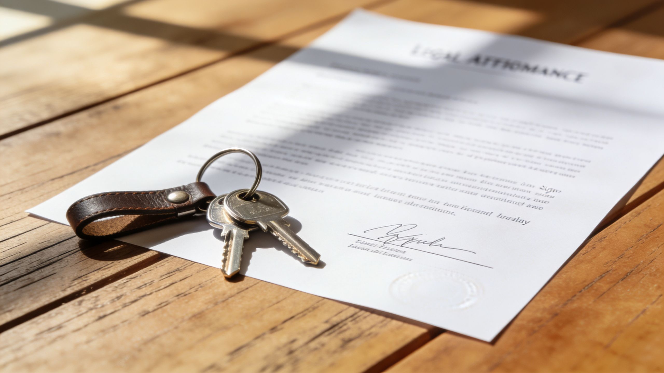 A set of house keys resting on a legal document on a wooden table in sunlight.