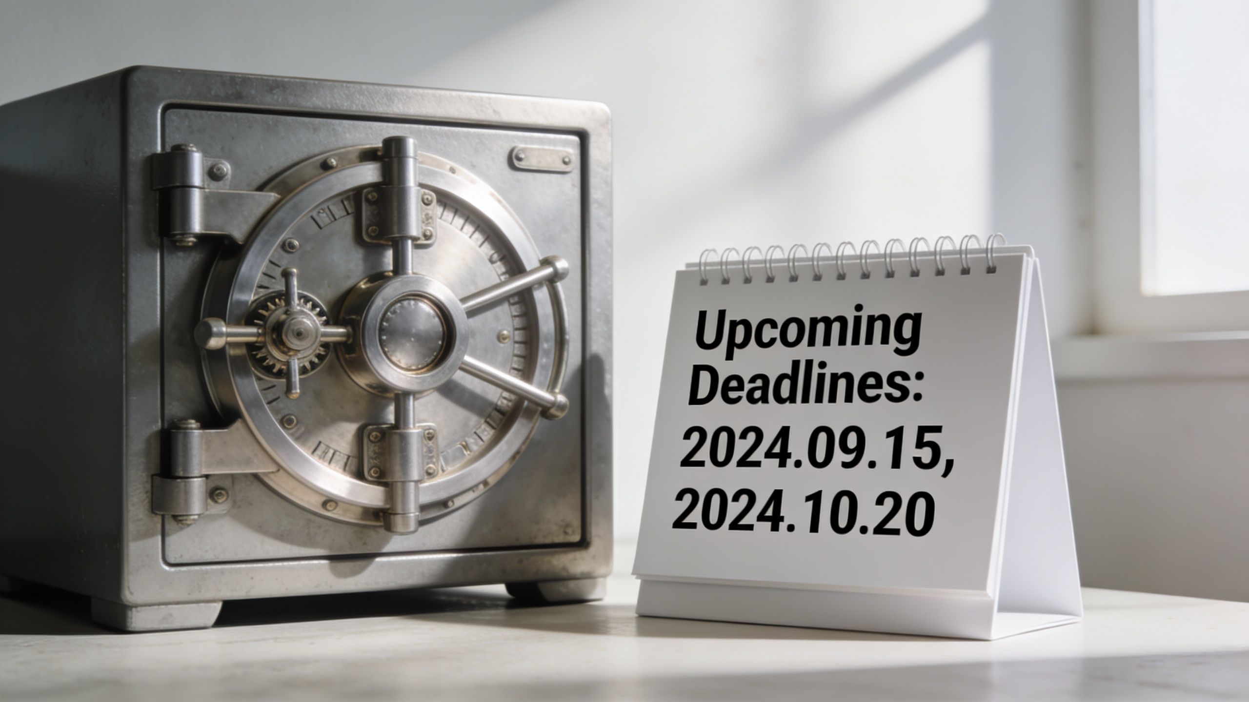 A steel safe beside a calendar showing two upcoming deadline dates in September and October 2024.