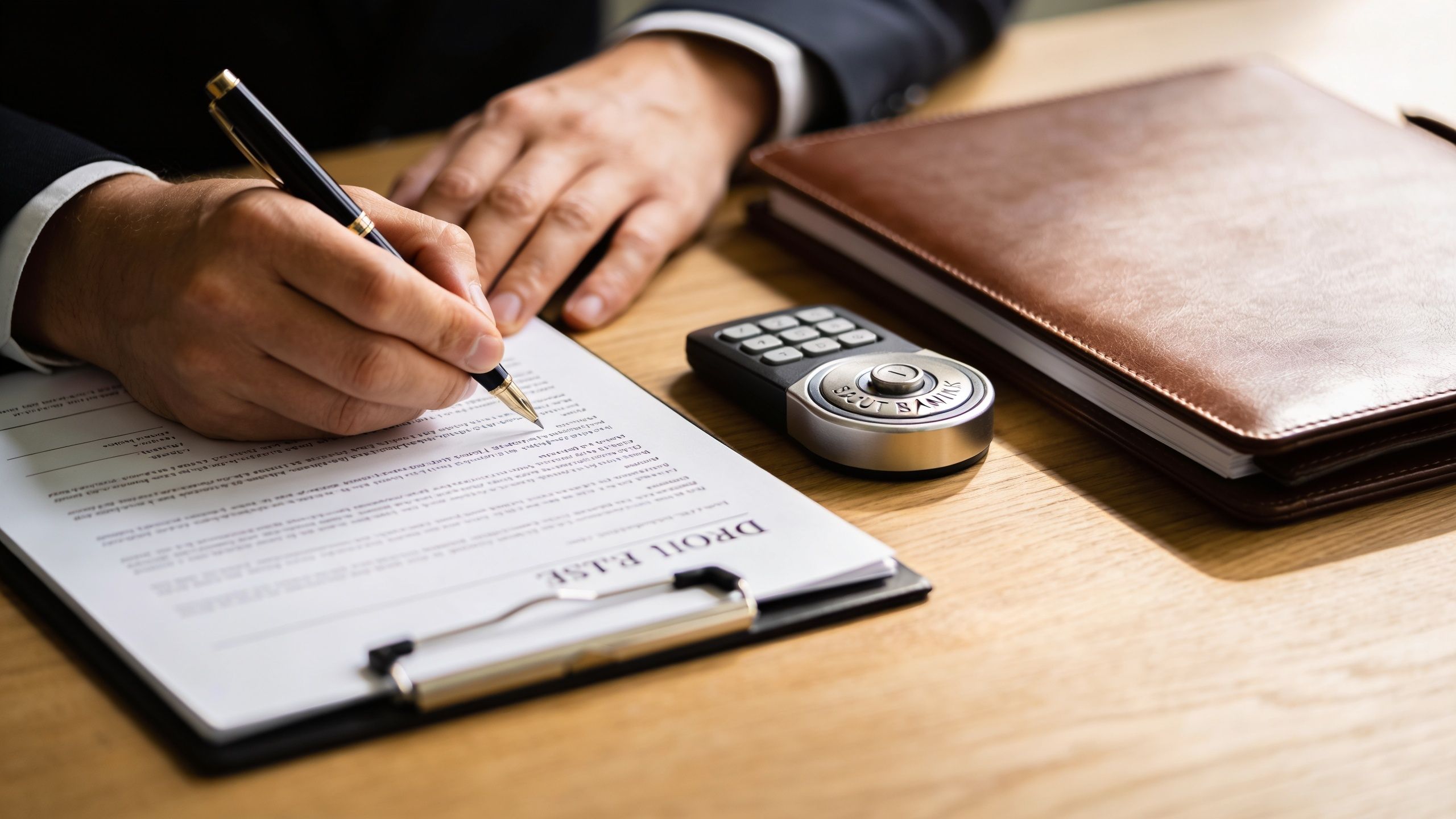 A close-up of a professional in a suit signing legal documents with a bank deposit box lock nearby.