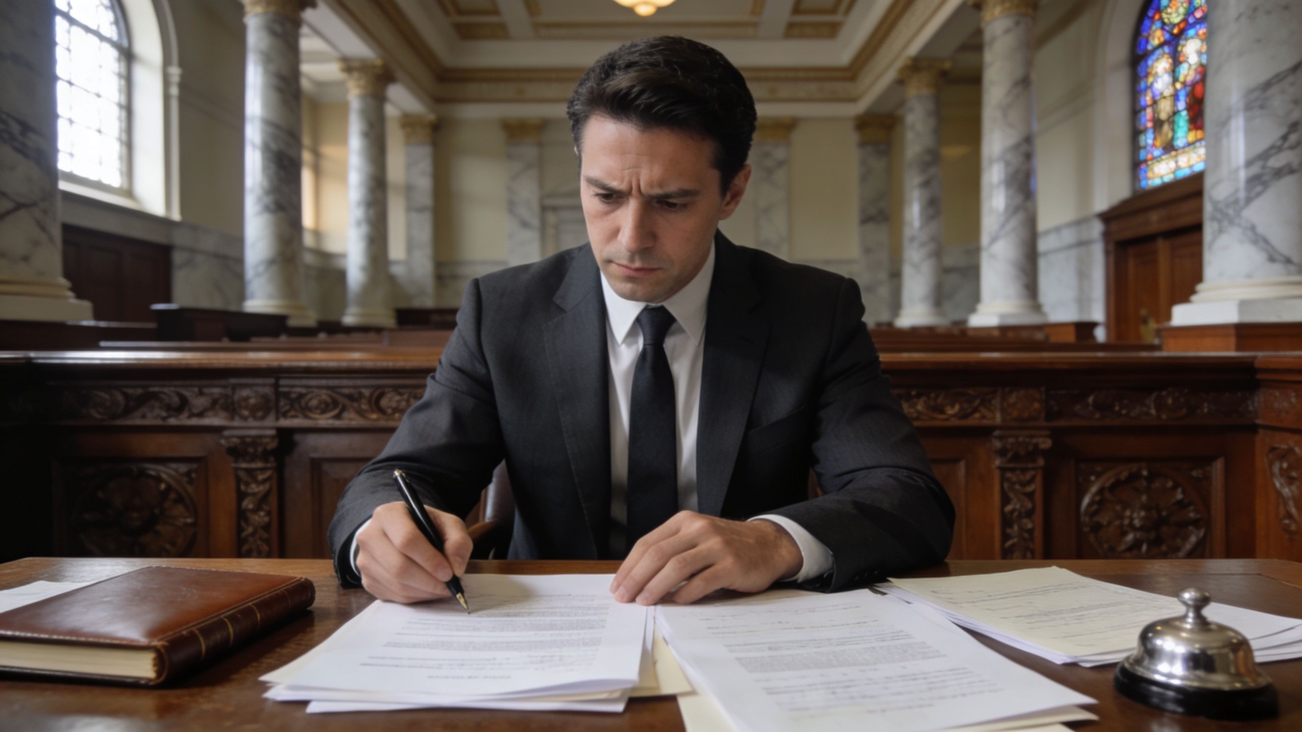 A professional man in a suit signs legal documents at a wooden desk in a courtroom.