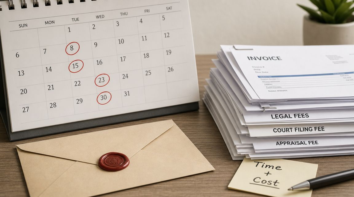 A desk with a calendar showing circled dates, an invoice stack, a wax-sealed envelope, and a note.