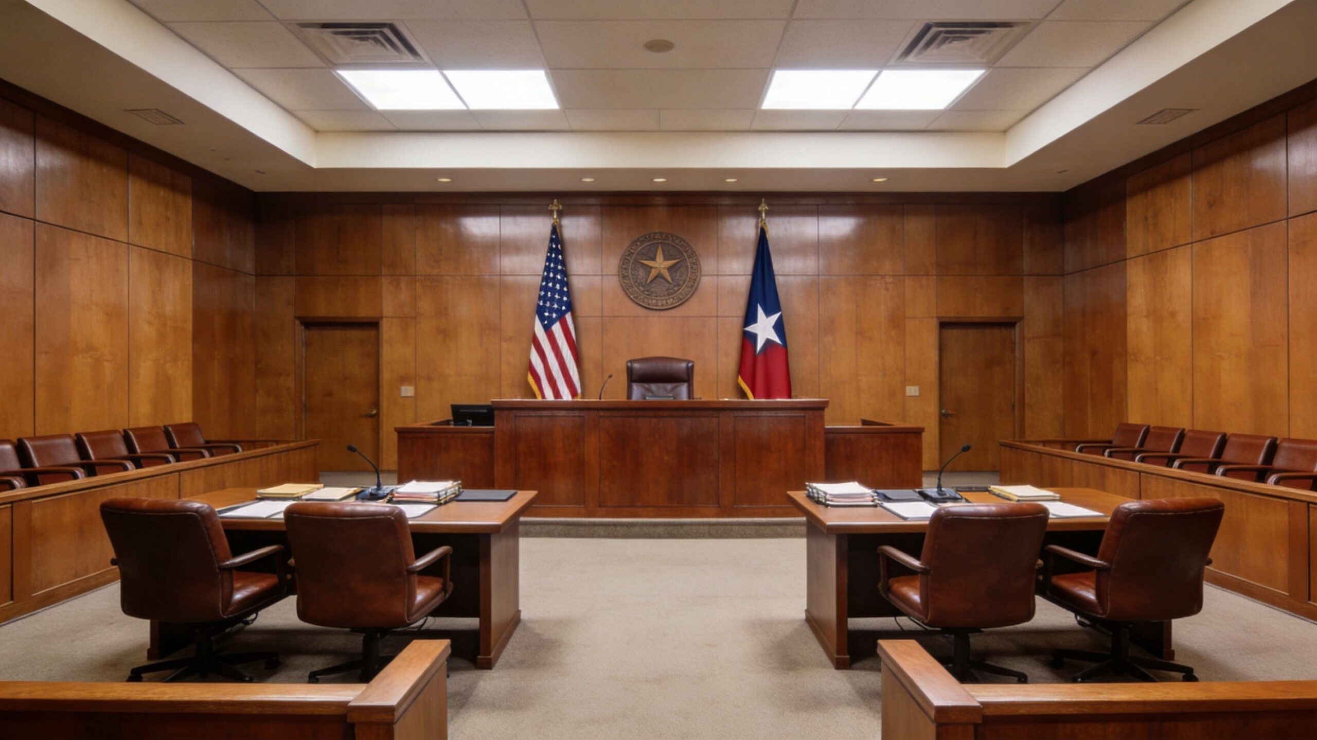 A professional view of a wood-paneled Texas courtroom featuring flags and judge's bench for probate proceedings.