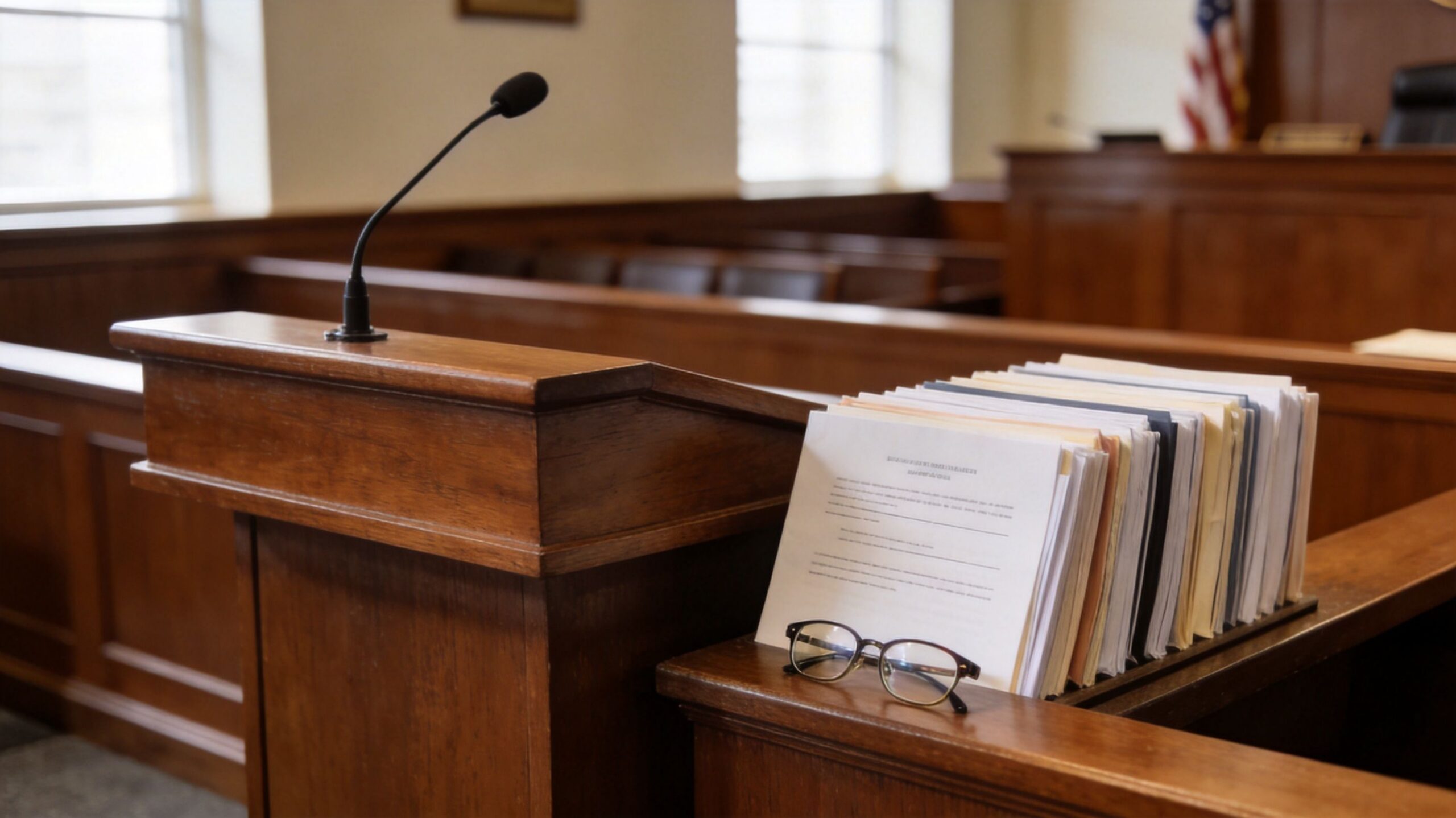 A wooden courtroom witness stand with a microphone, legal documents, and reading glasses on a ledge.