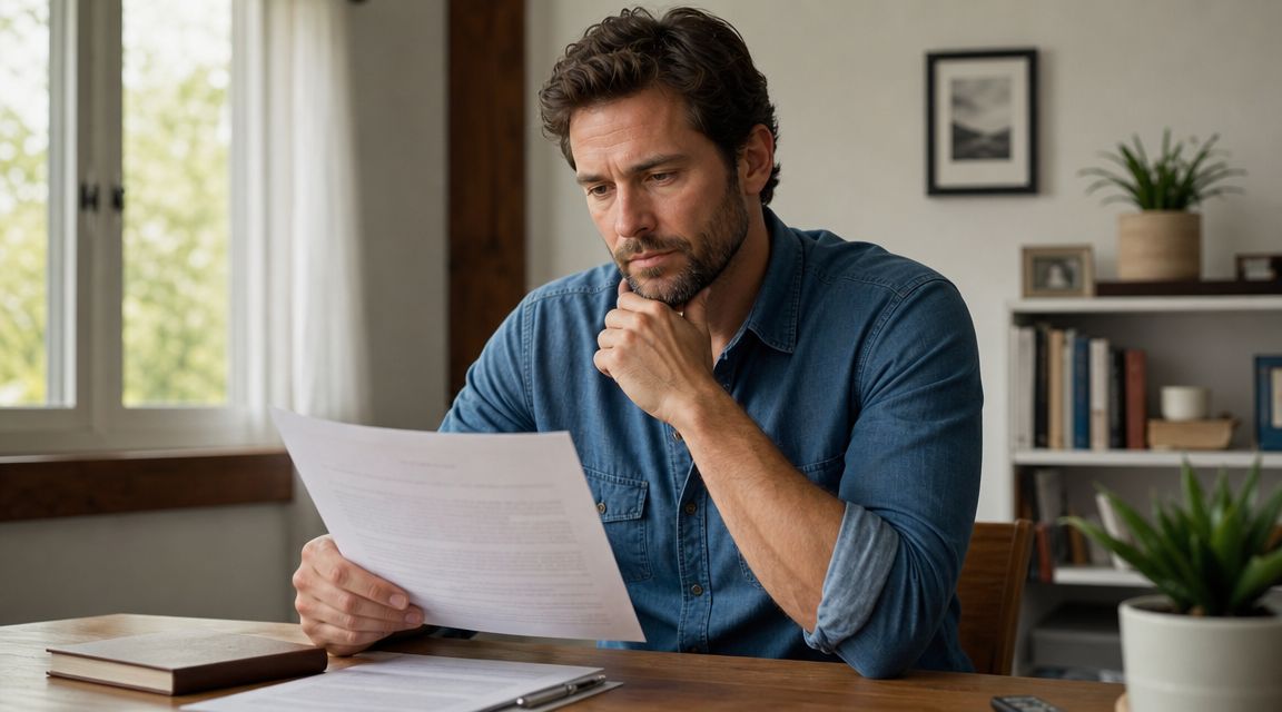 A man in a denim shirt sits at a desk thoughtfully reviewing an important legal document.