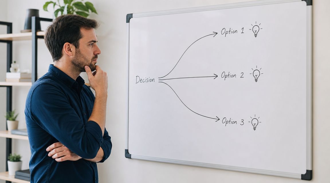 A man in a blue shirt thoughtfully looking at a whiteboard showing three different decision options.