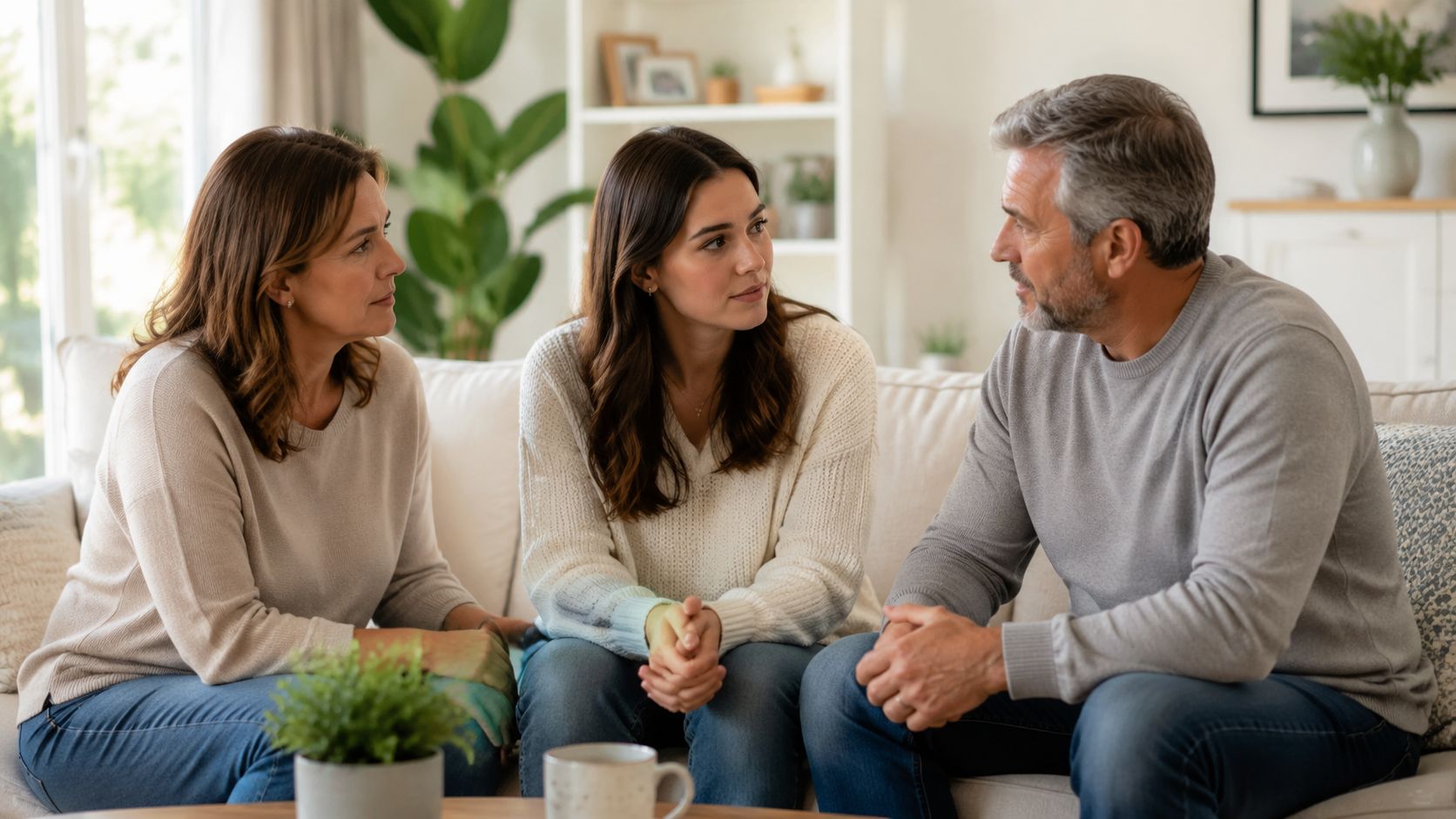 A family of three sitting on a comfortable sofa in their living room having a serious conversation.
