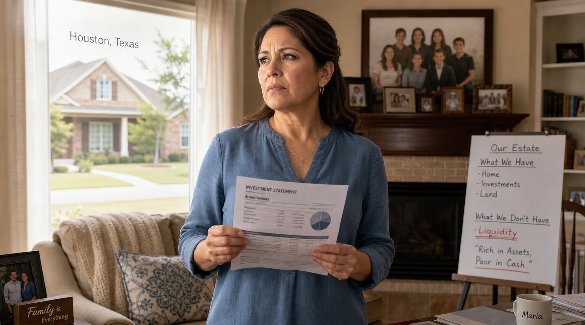 A concerned woman stands in her home holding an investment statement, contemplating estate planning and liquidity issues.