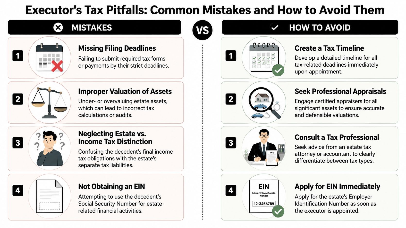 An infographic outlining four common tax mistakes executors make and providing steps to avoid them.