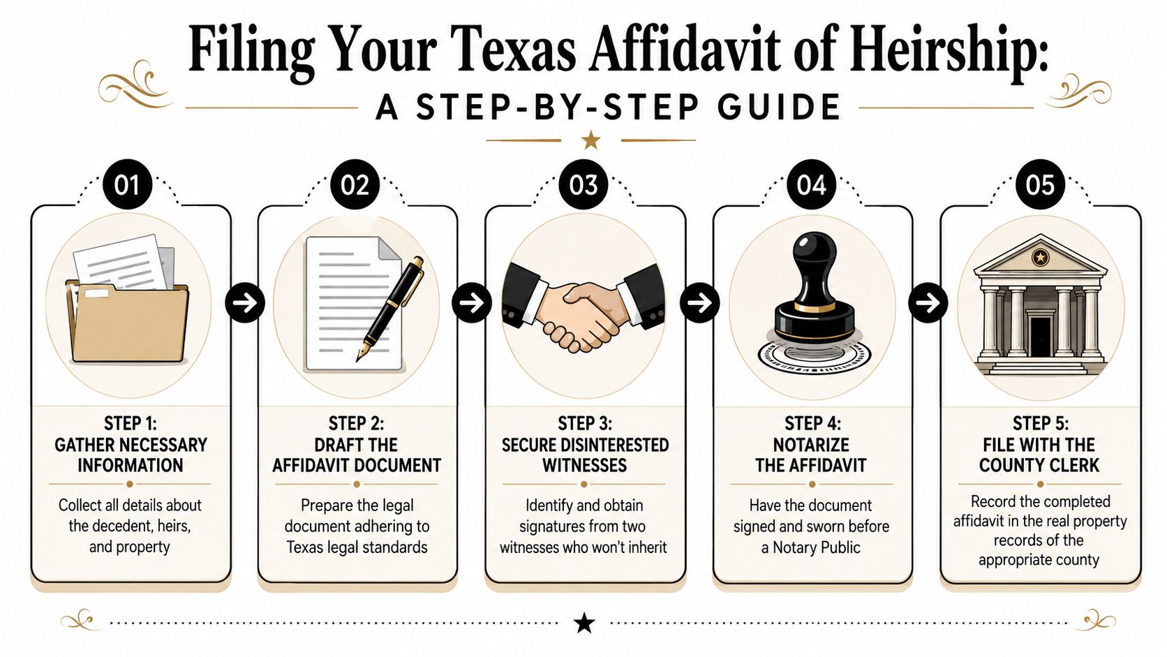 A step-by-step infographic illustrating the five-step process for filing a Texas Affidavit of Heirship document.