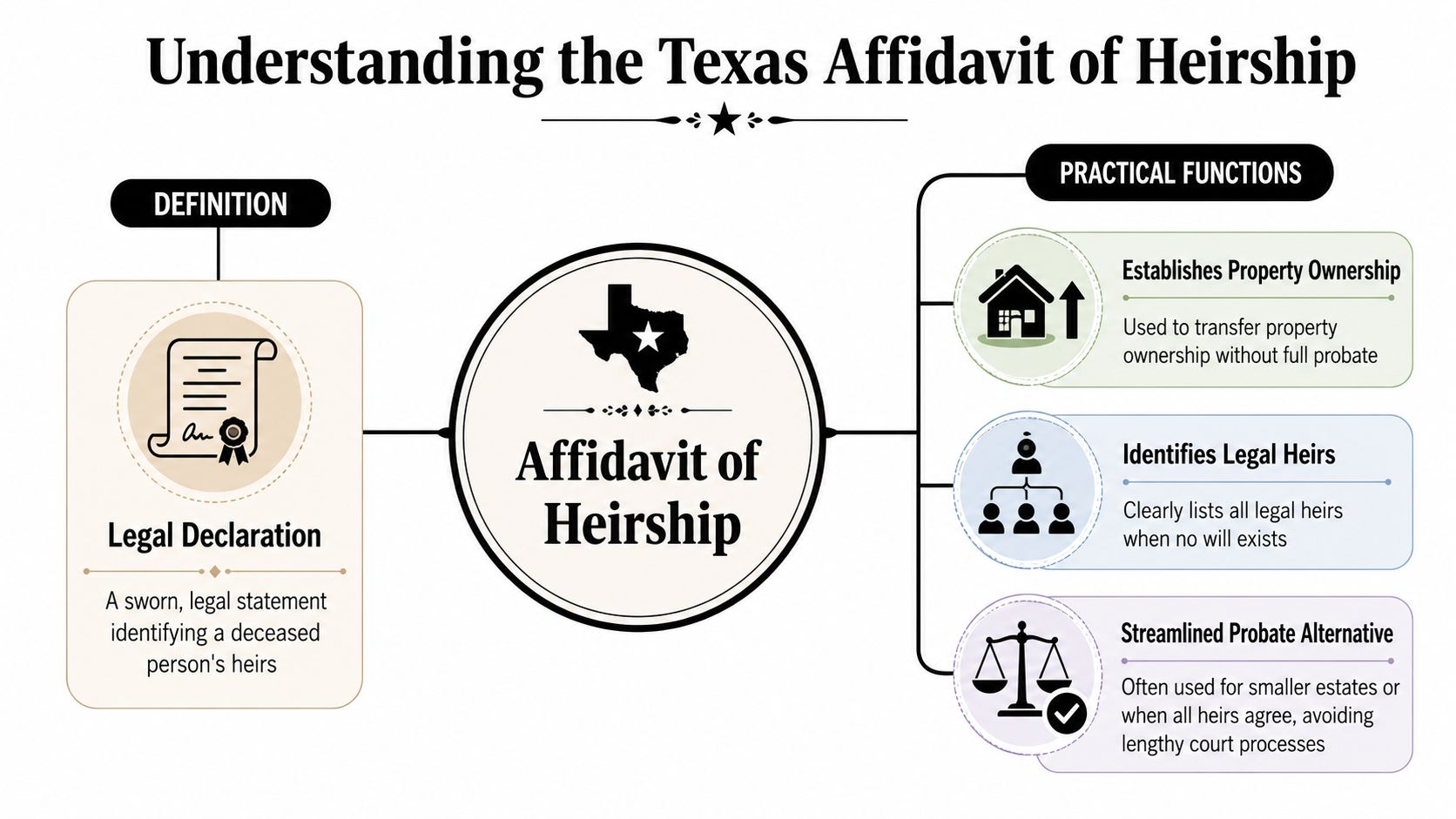 An infographic titled Understanding the Texas Affidavit of Heirship defining it and its practical functions.