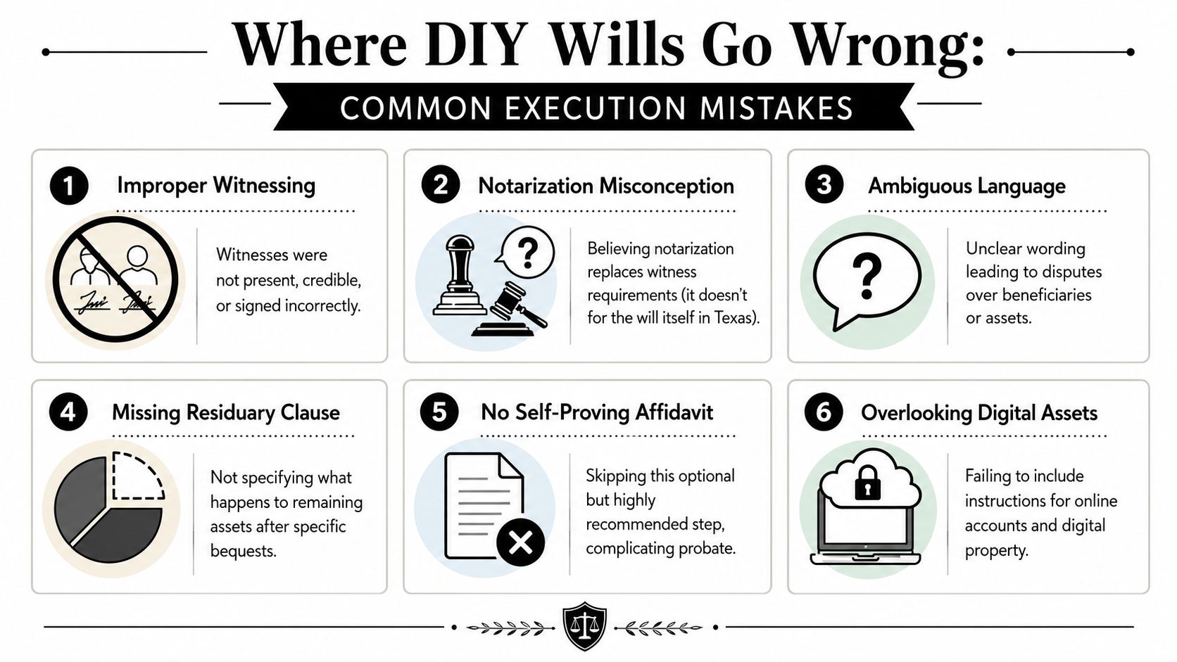 An infographic detailing six common legal mistakes people make when creating their own DIY wills.