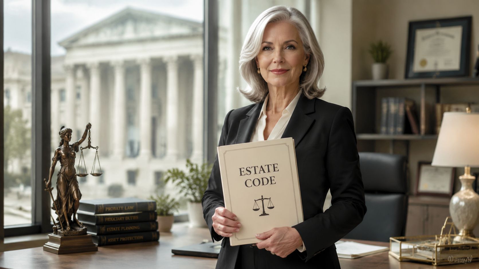 A professional female attorney holding an estate code book in her law office with courthouse background.