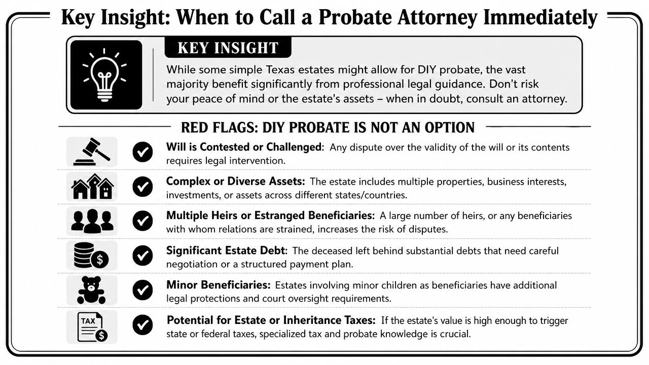 A chart outlining six red flags indicating when you should hire a probate attorney in Texas.