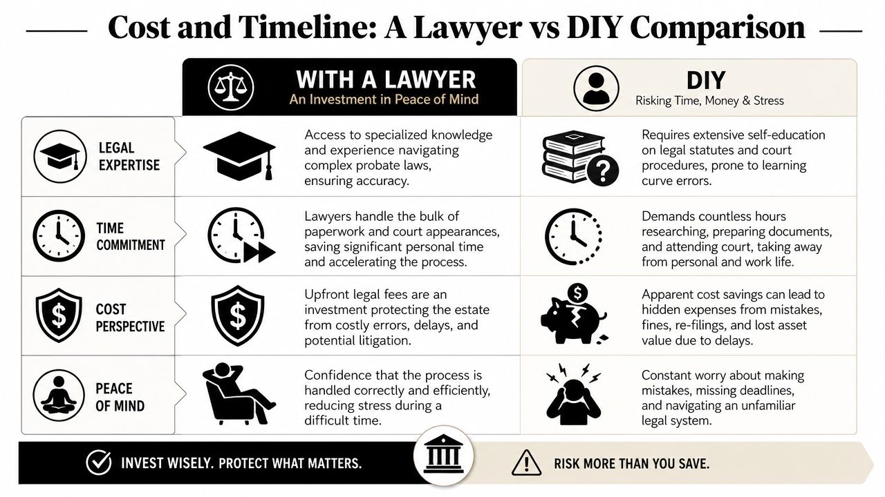 A comparison chart outlining the pros of hiring a probate lawyer versus the risks of DIY legal processes.