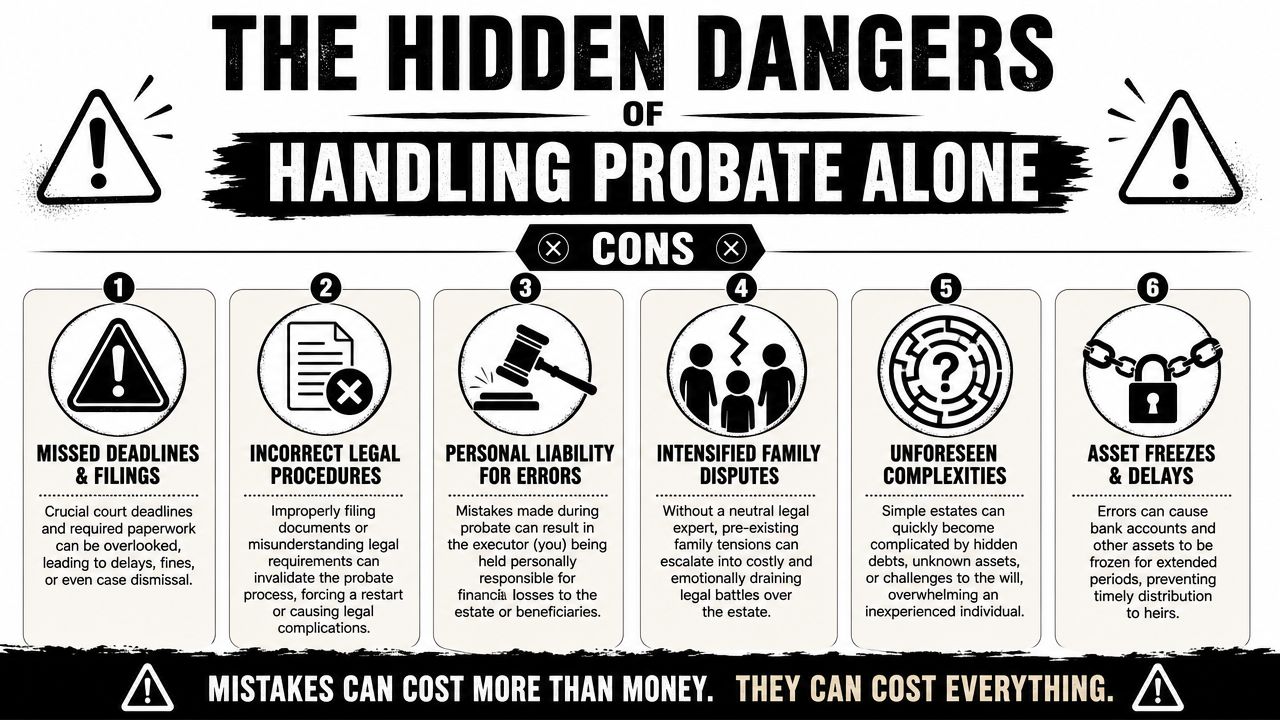 An infographic detailing six major risks and dangers of handling the probate process without a lawyer.
