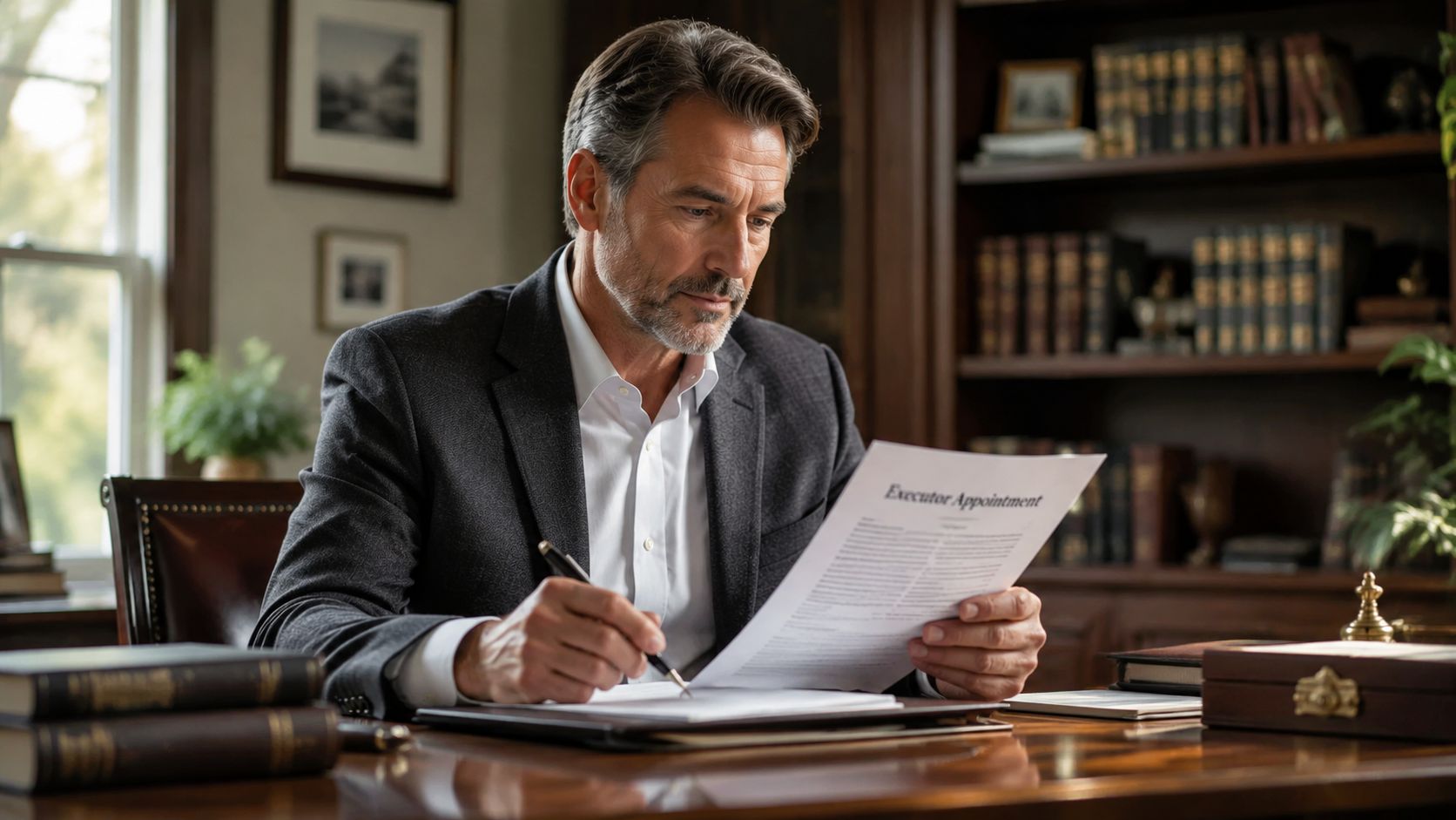 A professional man sitting at a wooden desk, reviewing an executor appointment document in a home library.