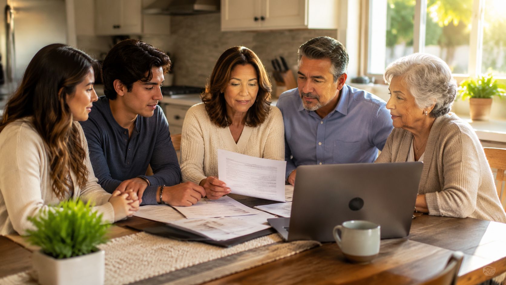 A multi-generational family sitting at a table together reviewing legal documents and planning with a laptop.