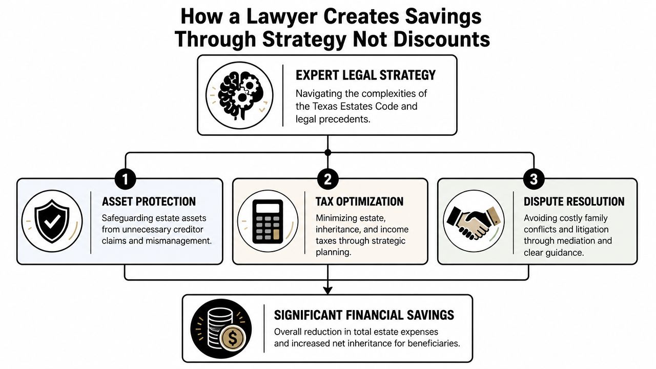 Flowchart showing how professional legal strategy in Texas estates leads to significant financial savings for beneficiaries.