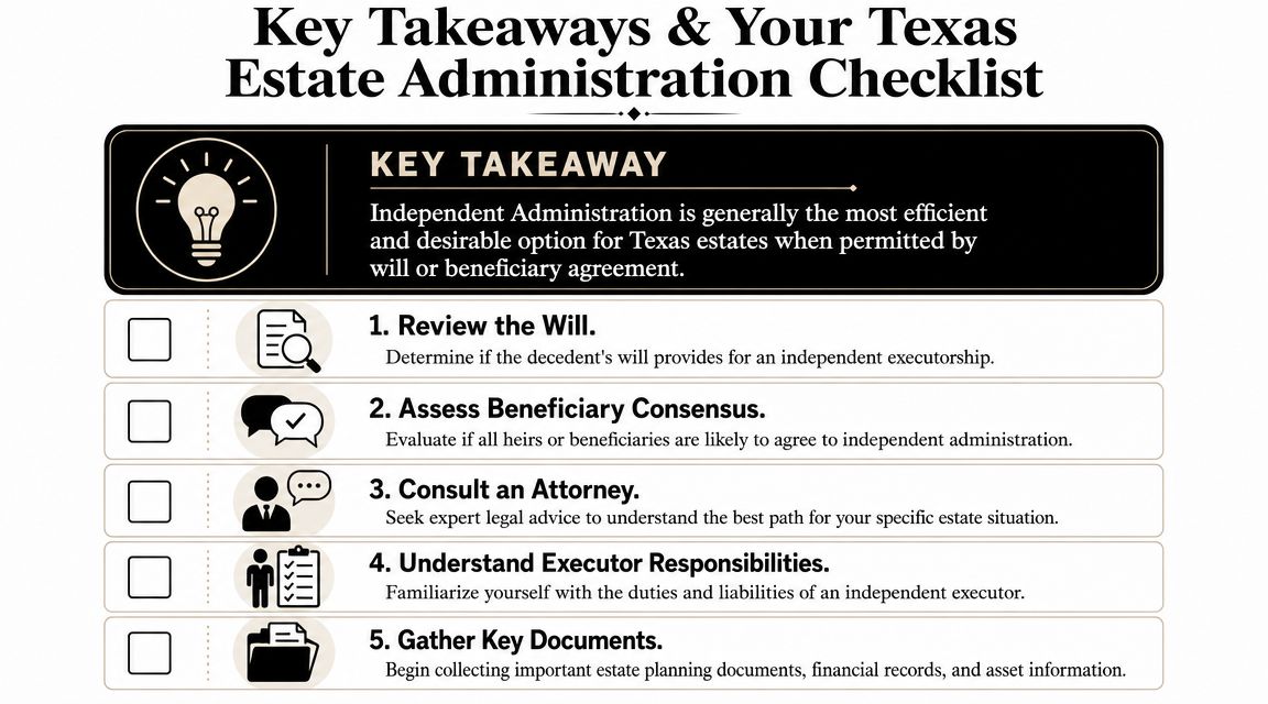A checklist for Texas estate administration, highlighting steps for pursuing independent administration, an efficient legal process.