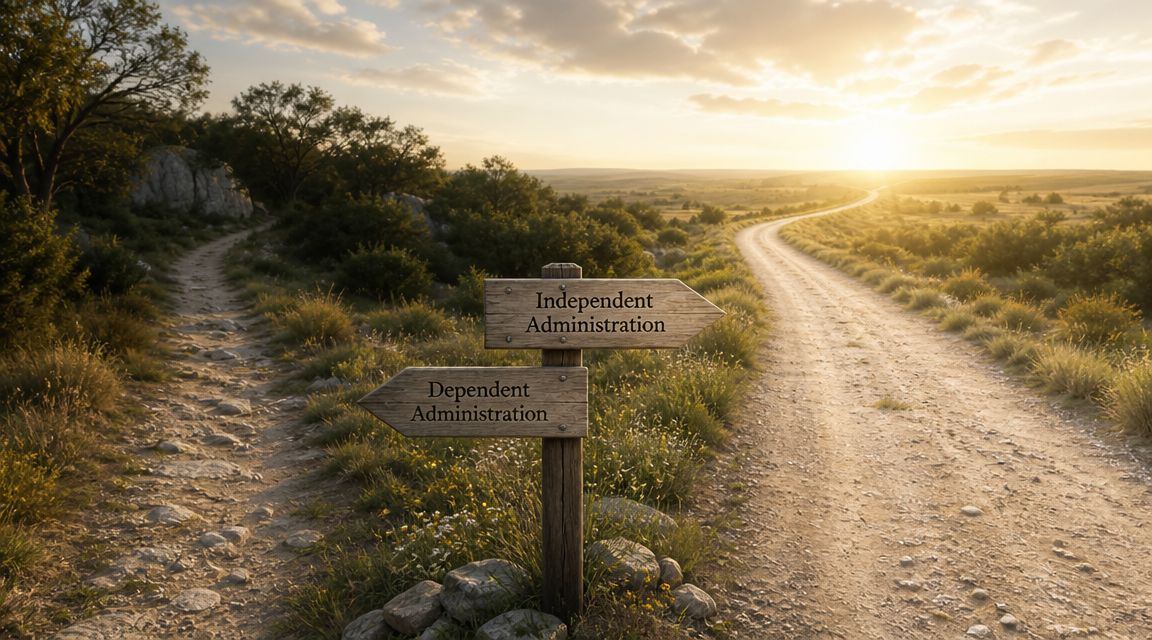 A wooden signpost at a fork in the road showing paths for Independent and Dependent Administration.
