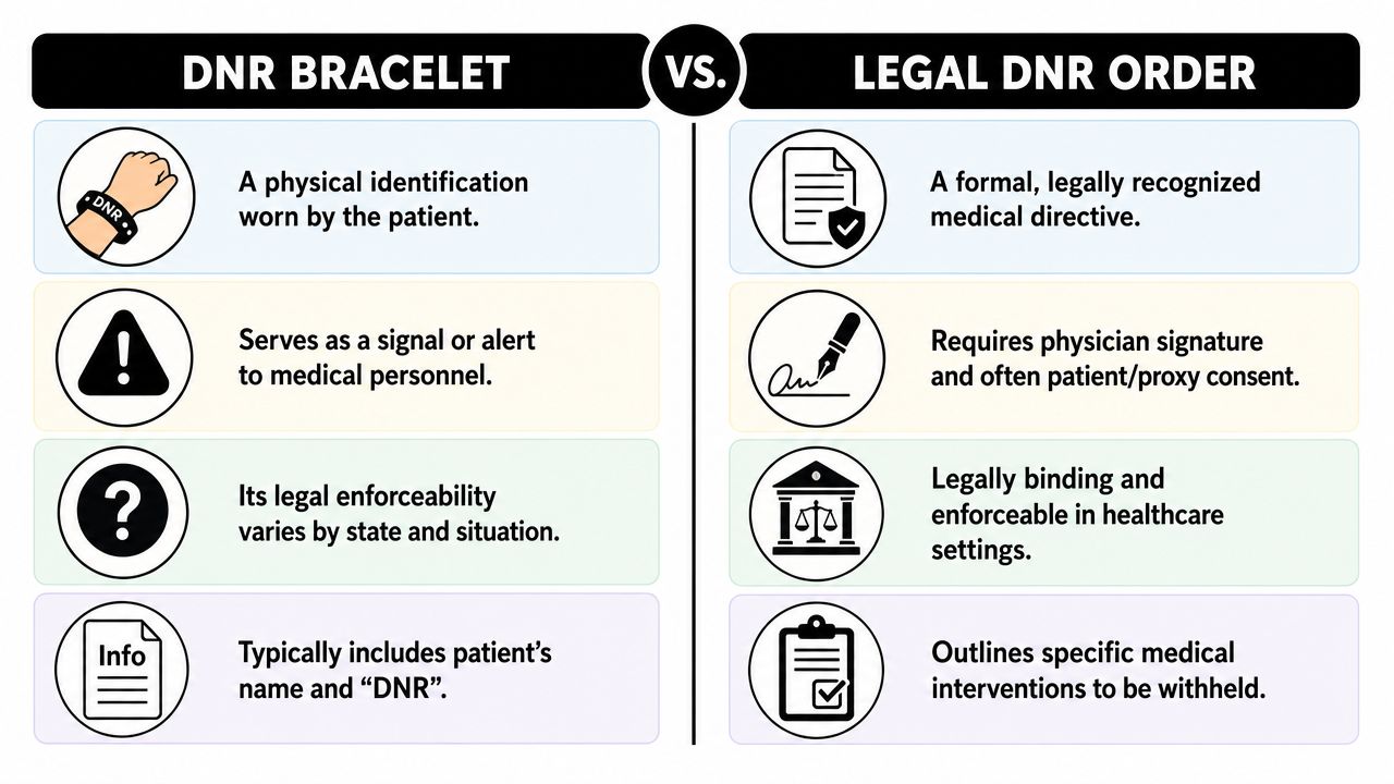 A comparison chart outlining the key differences between a DNR bracelet and a formal legal DNR order.