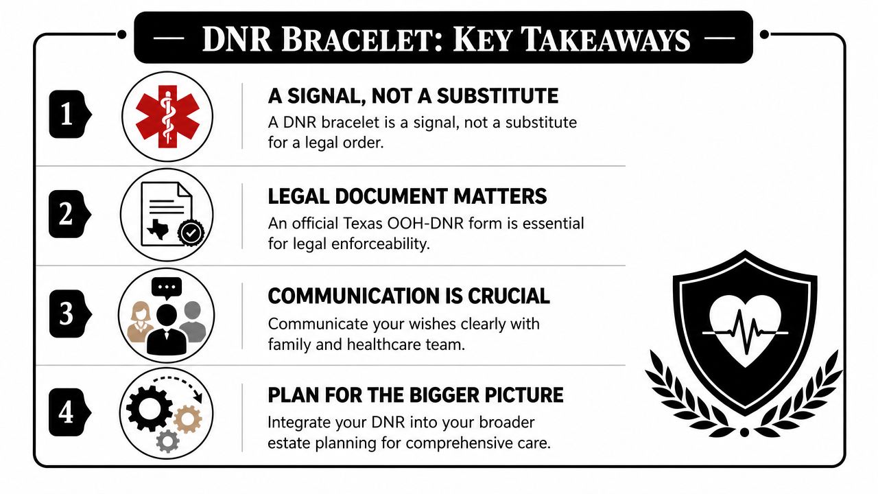 An infographic titled DNR Bracelet: Key Takeaways showing four numbered steps for understanding Do Not Resuscitate bracelet legal requirements.