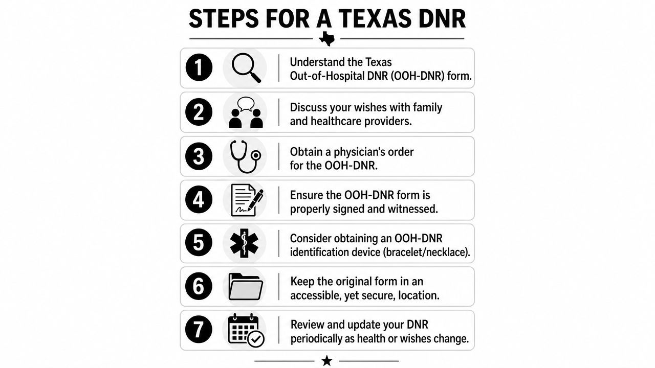 An infographic showing seven numbered steps for obtaining a Texas out-of-hospital do-not-resuscitate order.