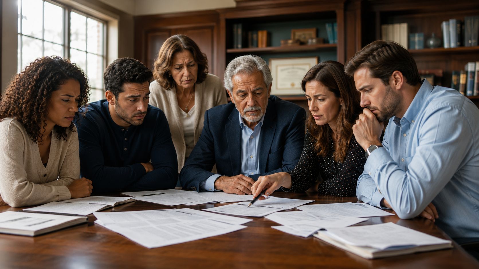A professional probate attorney discussing legal documents with a family during a serious consultation meeting.