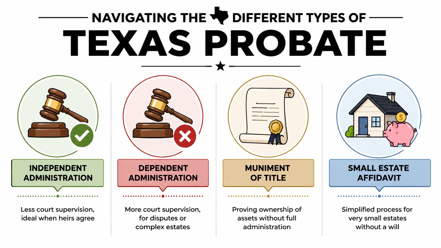 An infographic titled Navigating the Different Types of Texas Probate, illustrating four distinct legal estate administration processes.