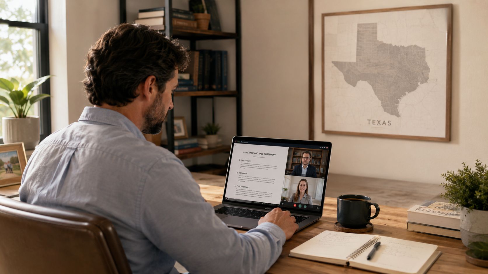 A professional man attending a virtual meeting on his laptop about a Texas purchase and sale agreement.