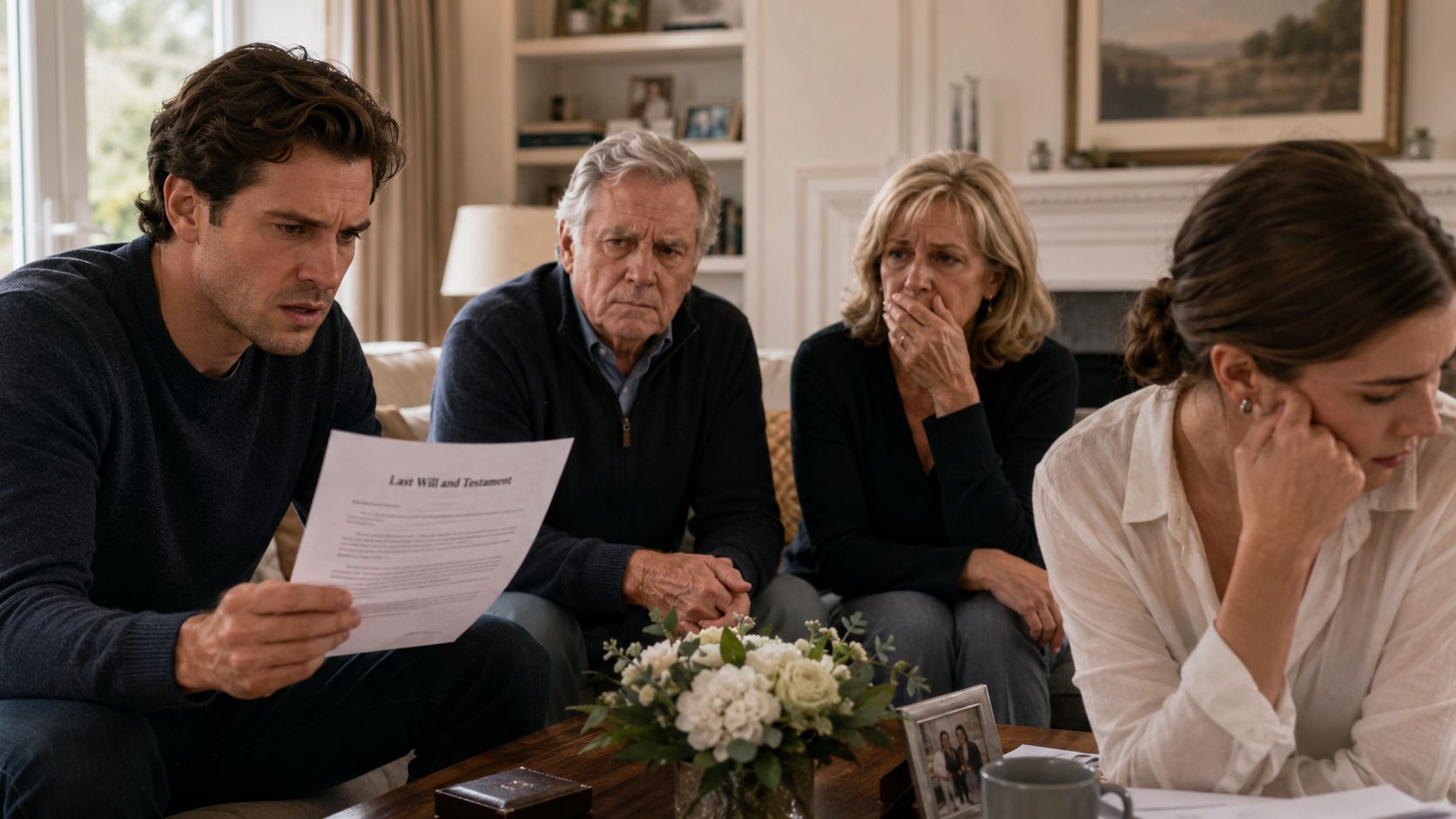 A family sits together in a living room looking concerned while reading a last will and testament document.