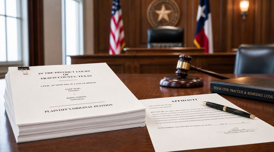 A stack of legal documents labeled Plaintiff's Original Petition alongside an affidavit and a judge's wooden gavel.