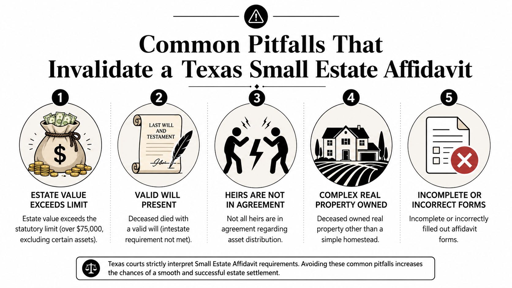An infographic illustrating five common mistakes that can invalidate a Texas small estate affidavit process.