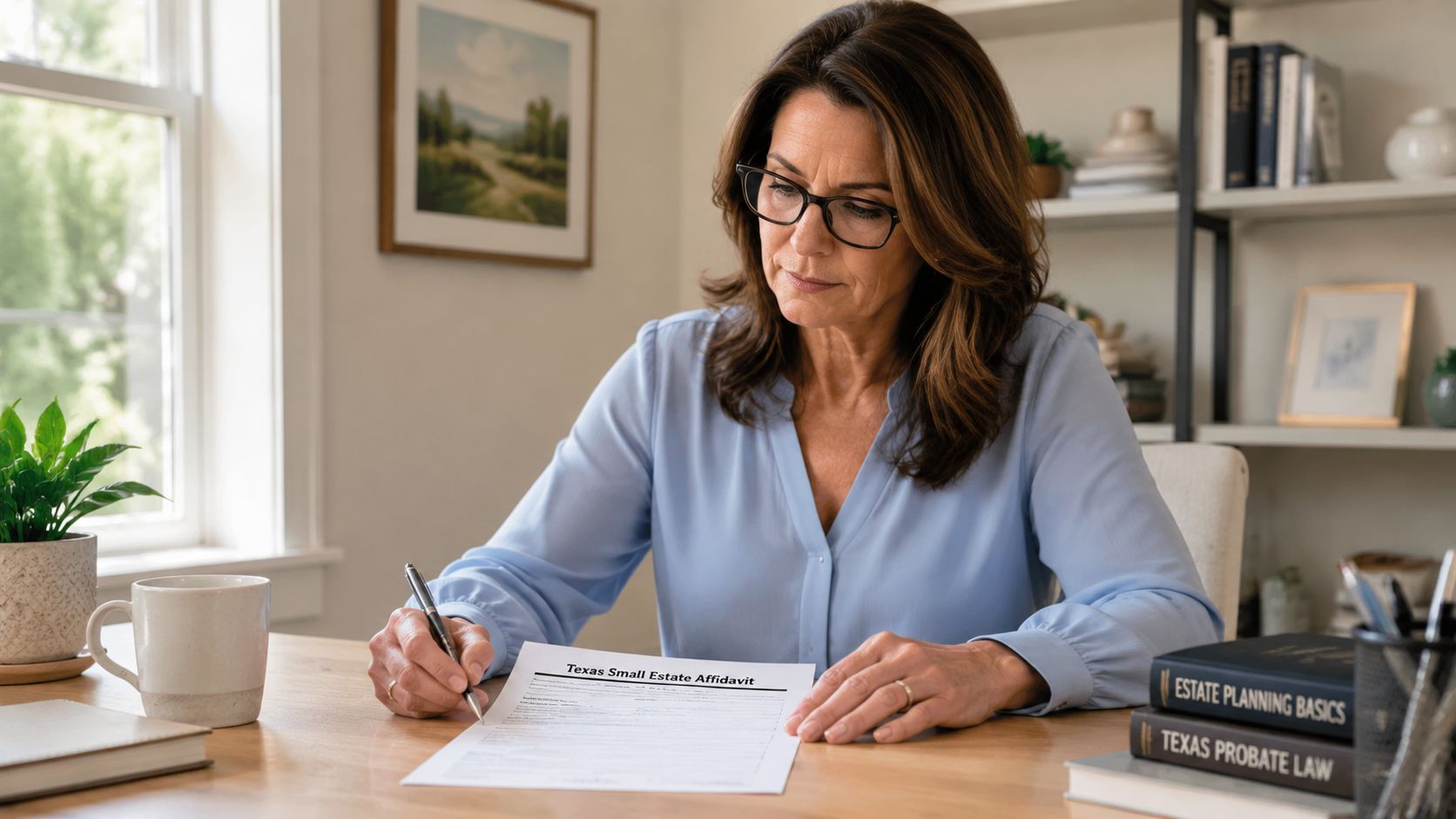 A woman in a blue shirt sits at a desk signing a Texas Small Estate Affidavit document.