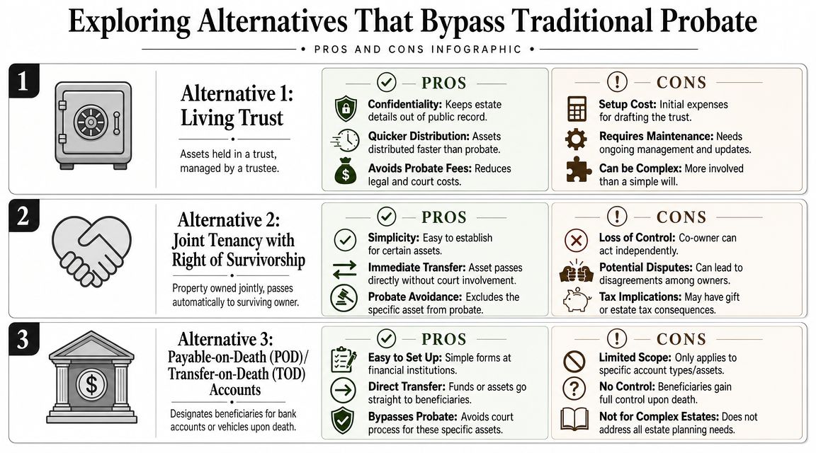 An infographic outlining three common legal alternatives to bypass the traditional probate court process.