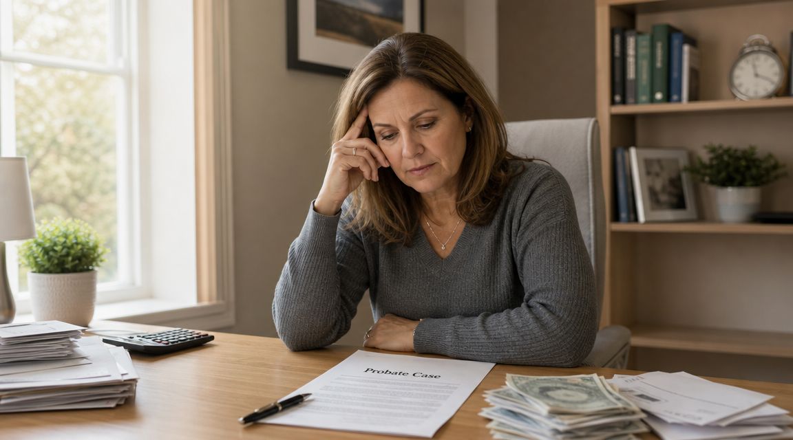 A concerned woman sitting at a desk reviewing legal documents labeled as a probate case.