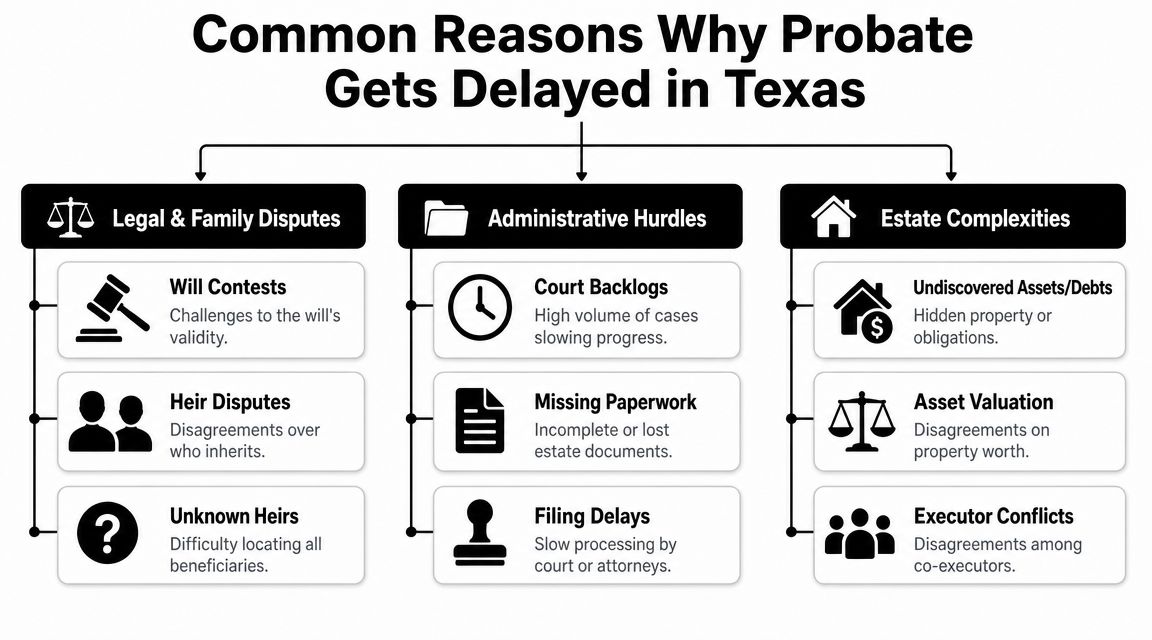 An infographic titled Common Reasons Why Probate Gets Delayed in Texas, categorizing legal, administrative, and estate issues.