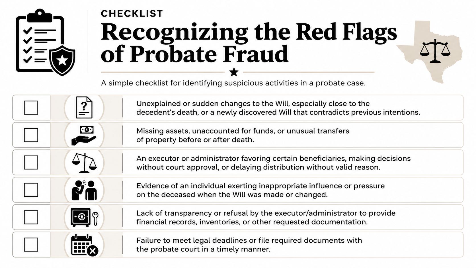 A checklist infographic listing six common red flags used for identifying potential fraud in probate court cases.