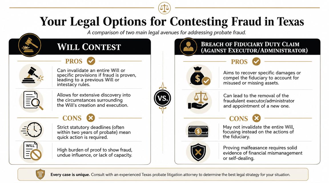 A legal comparison infographic outlining the pros and cons of will contests versus breach of fiduciary duty claims.