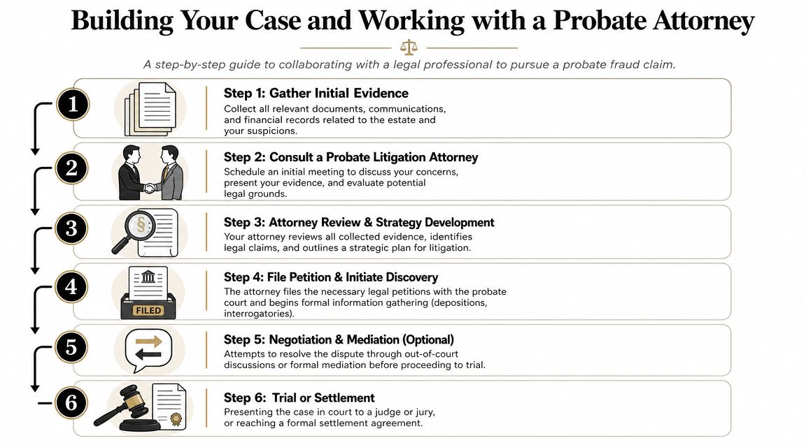 A six-step infographic guide on how to pursue a probate fraud claim with a legal professional.