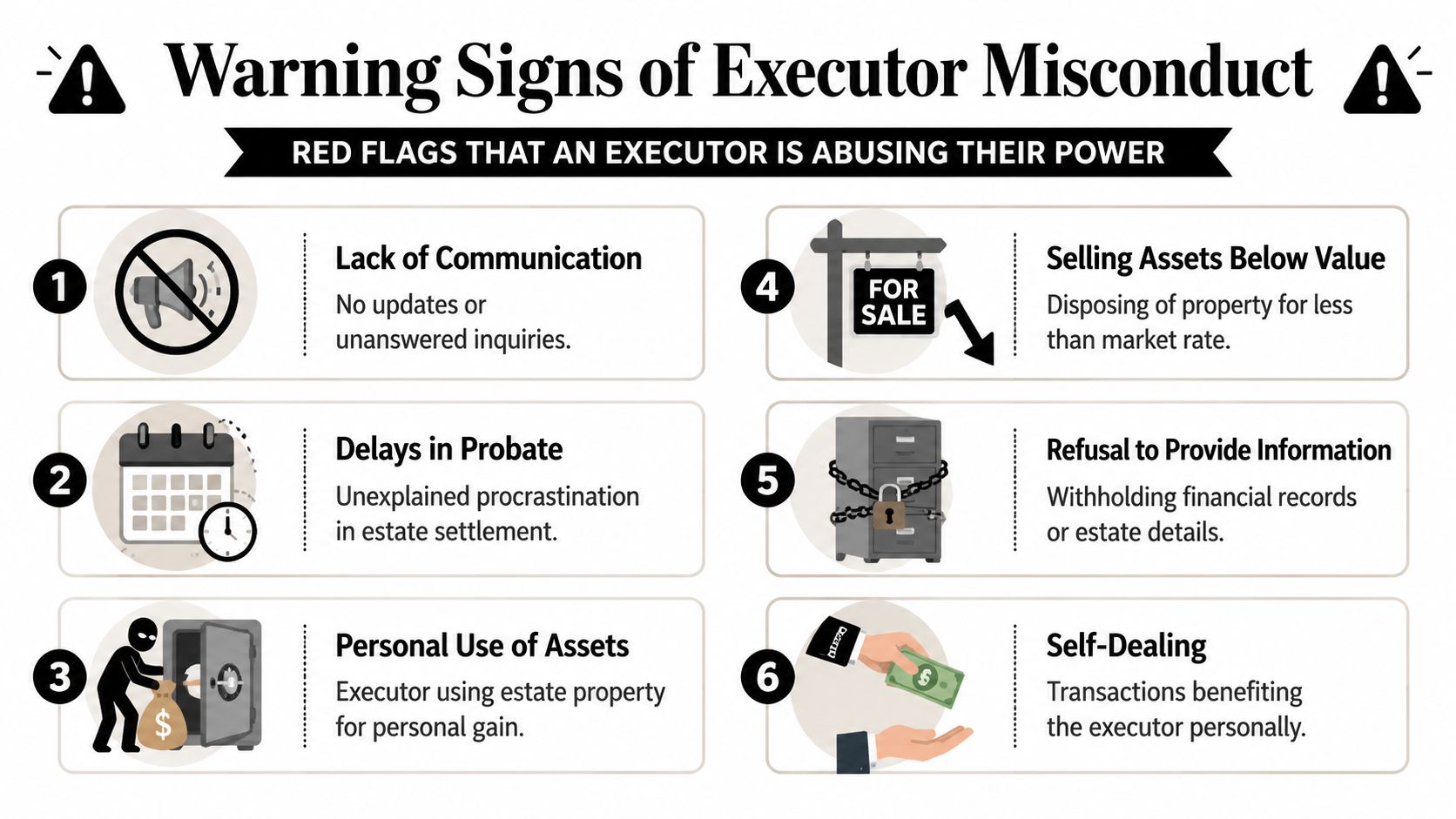 An infographic detailing six common warning signs of executor misconduct during the probate and estate administration process.