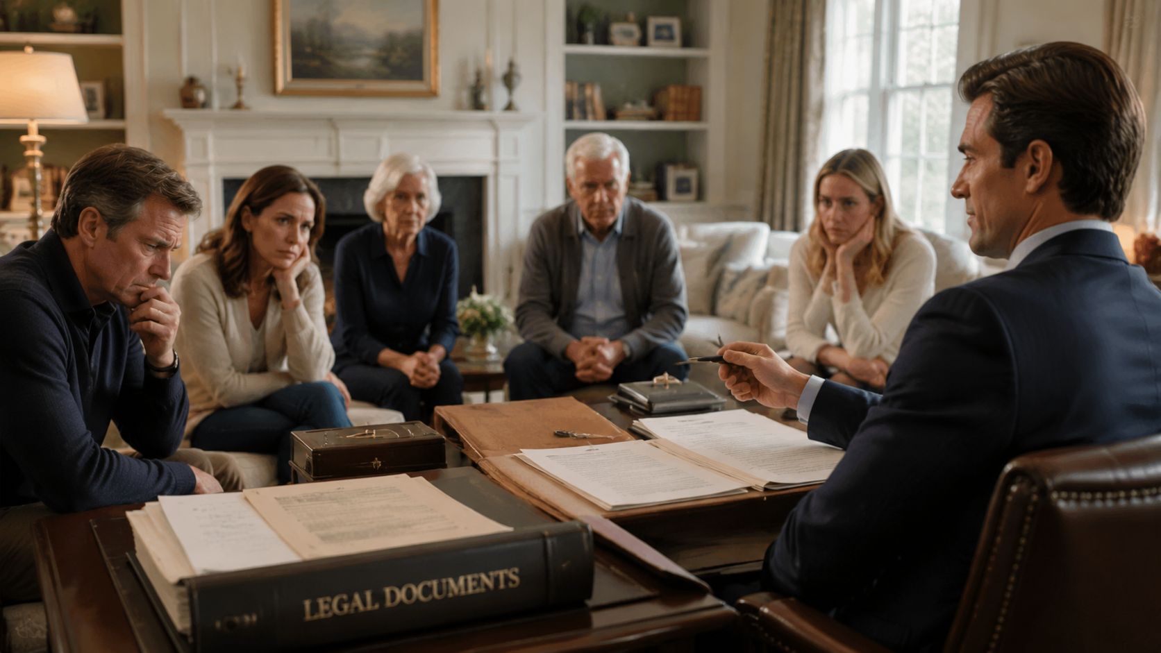 A group of family members looking concerned as a lawyer presents legal documents during a probate meeting.