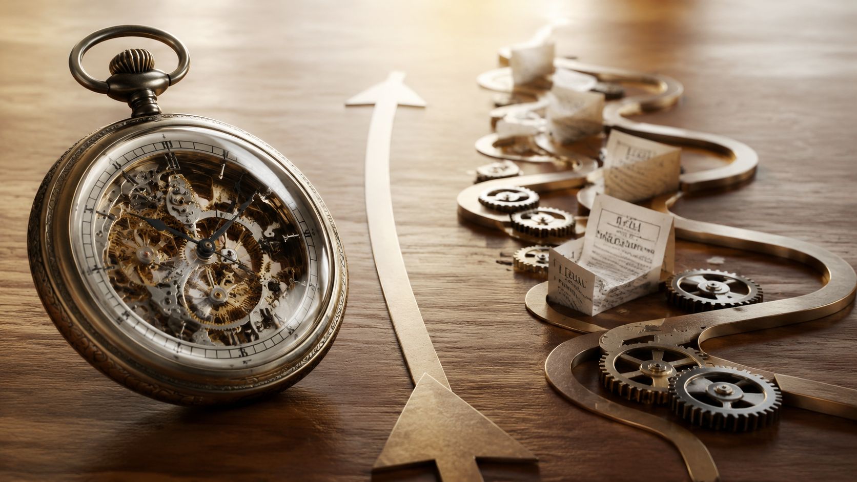 A pocket watch and mechanical gears arranged along a winding path, symbolizing the complex timeline of legal processes.