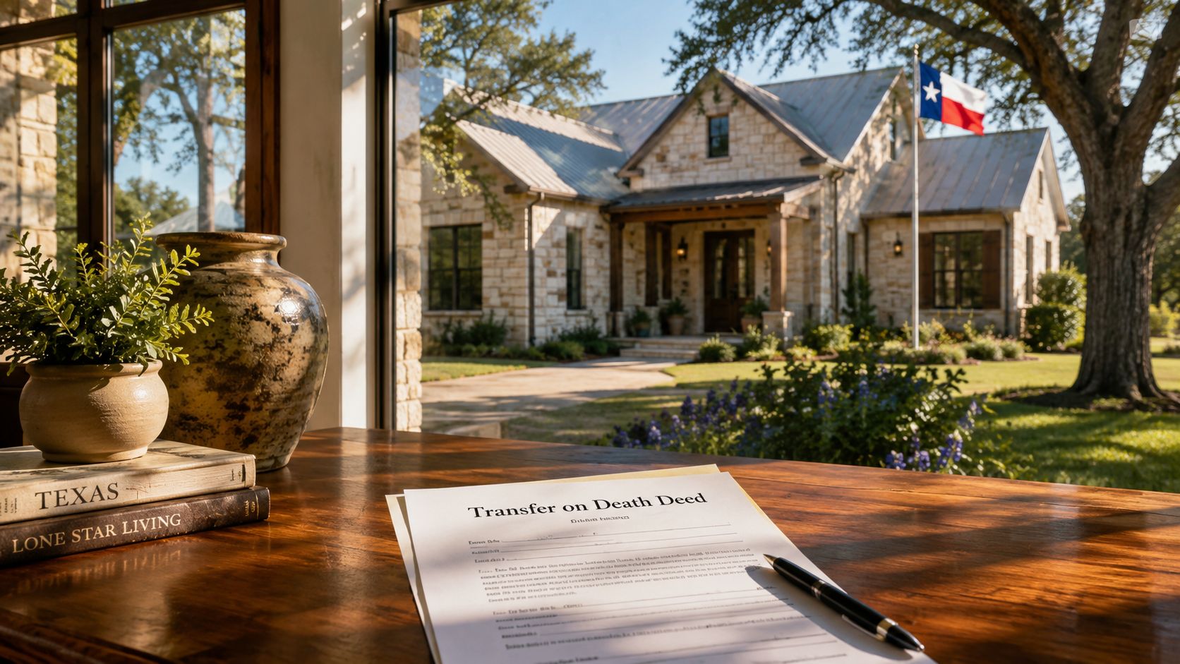 A document titled Transfer on Death Deed sits on a wooden desk near a Texas home.