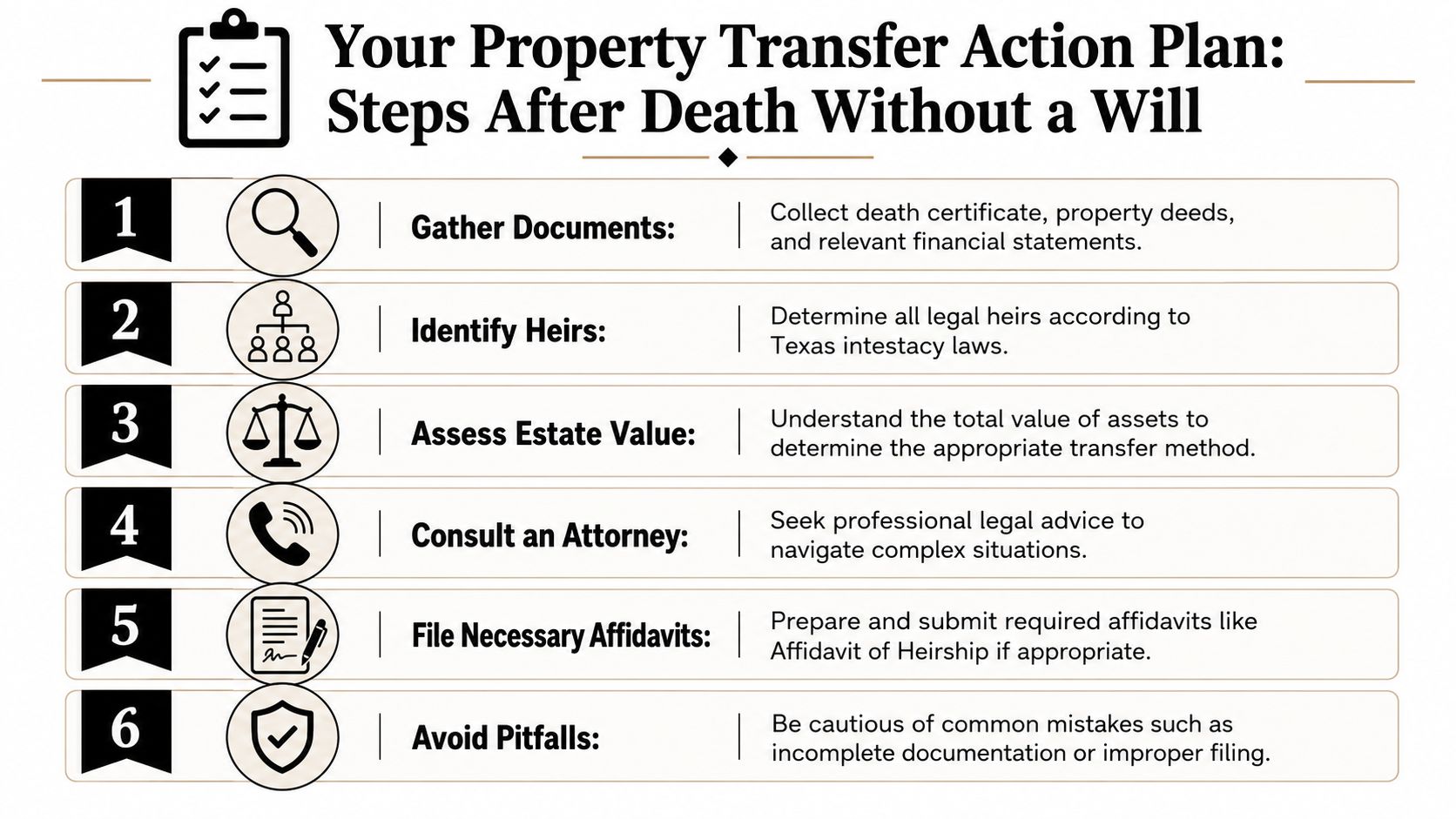 A six-step infographic guide for transferring property after a death without a will in Texas.