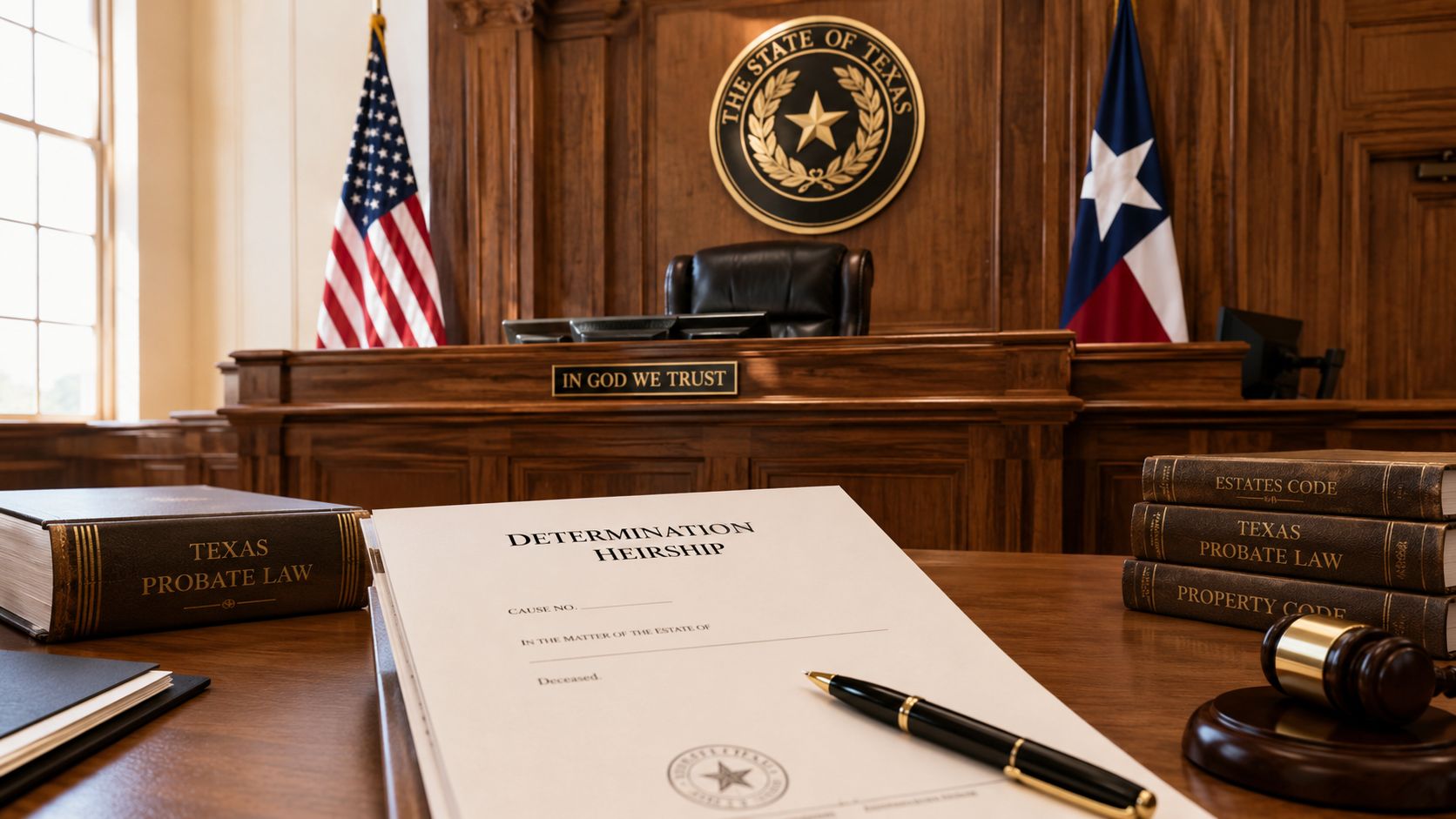 A legal document labeled Determination of Heirship rests on a desk in front of a Texas courtroom.