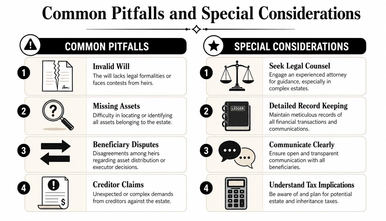 A chart listing four common pitfalls and four special considerations regarding estate management and legal inheritance processes.