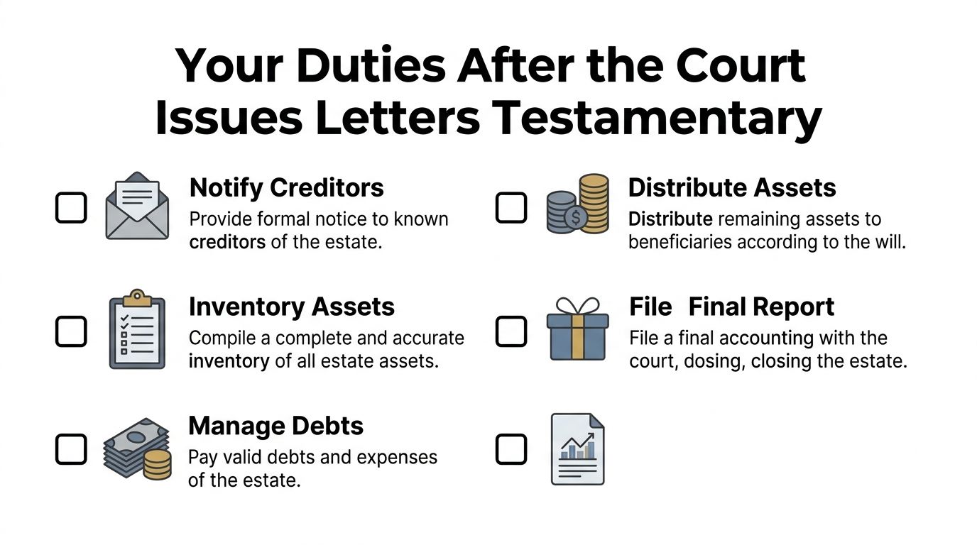 A checklist infographic outlining the legal duties of an executor after receiving letters testamentary.