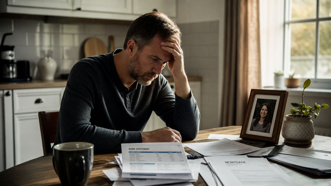 A distressed man sitting at a kitchen table surrounded by bank statements and mortgage documents.